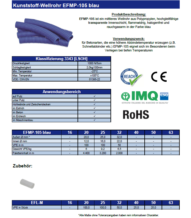 Datenblatt Kunststoff-Wellrohr EFMP-105 blau